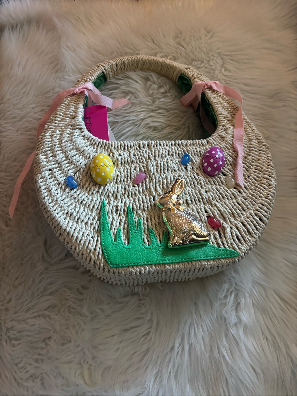 Betsey Johnson Natural Straw Crescent Tote with Pink Ribbon
